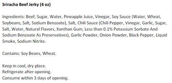 Sriracha Beef Jerky (4 oz) - Ingredients